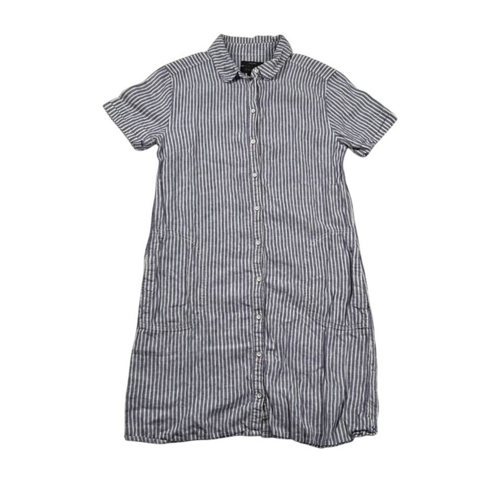 Tahari Dress Womens S 100% Linen Blue White Striped Short Sleeve Button Mini